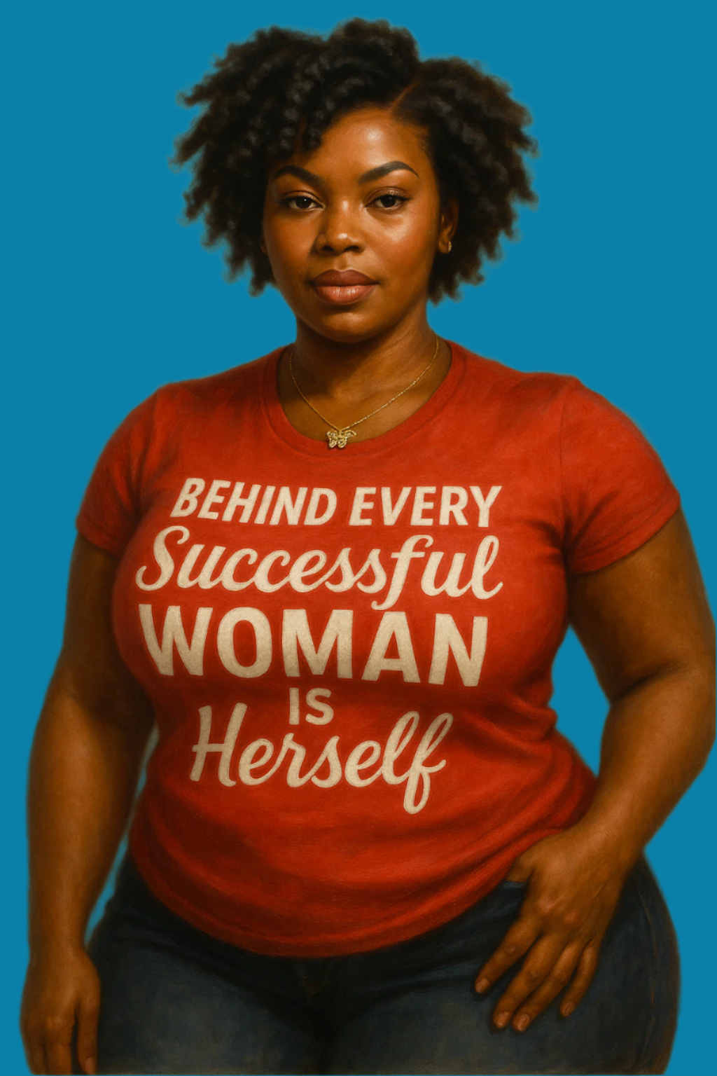 Woman wearing a red t-shirt with motivational quote against a neutral background